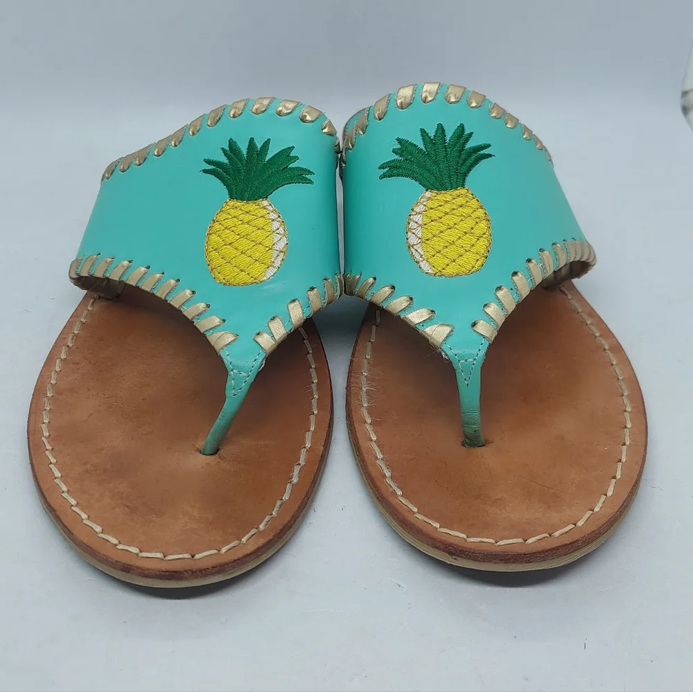 Jack Rogers Sandals Embroidered Pineapple Turquoise Leather Women's Size 9